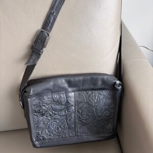 SAS vintage embossed tooled leather crossbody bag black floral roses